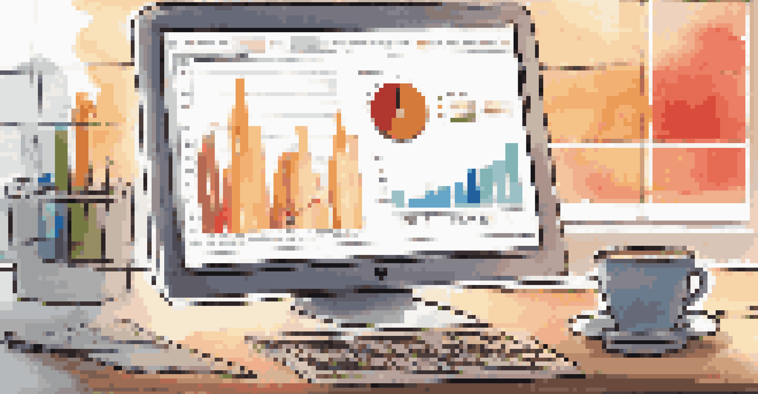 A close-up of a computer screen with colorful data visualizations in a cozy workspace with a coffee cup.