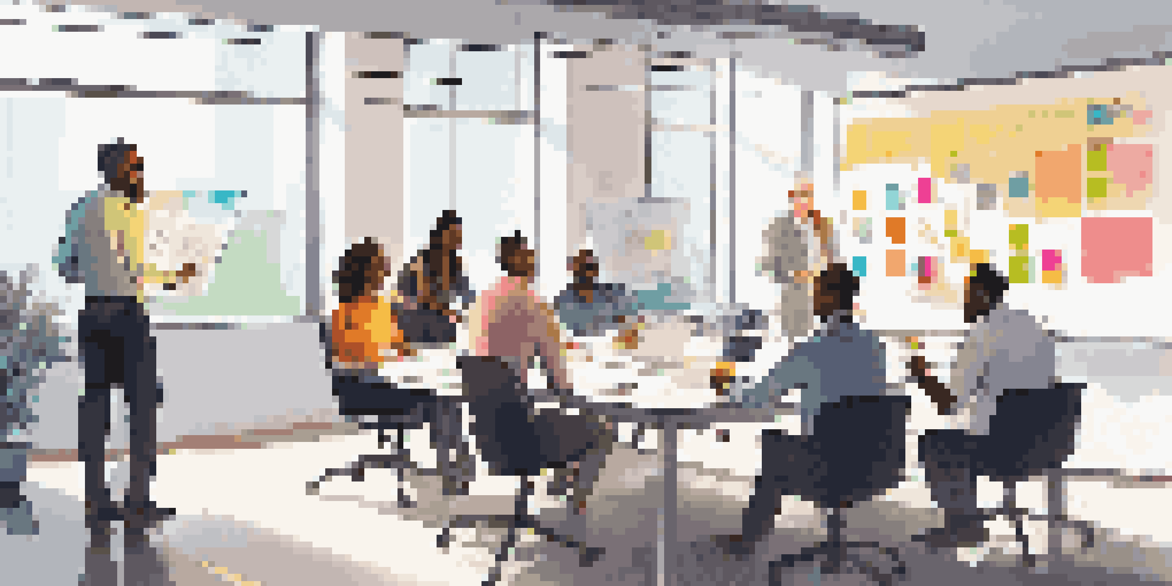 A diverse team in a bright office room participating in a Scrum meeting, surrounded by colorful sticky notes and a large whiteboard.