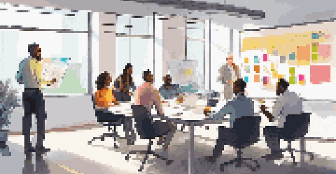 A diverse team in a bright office room participating in a Scrum meeting, surrounded by colorful sticky notes and a large whiteboard.