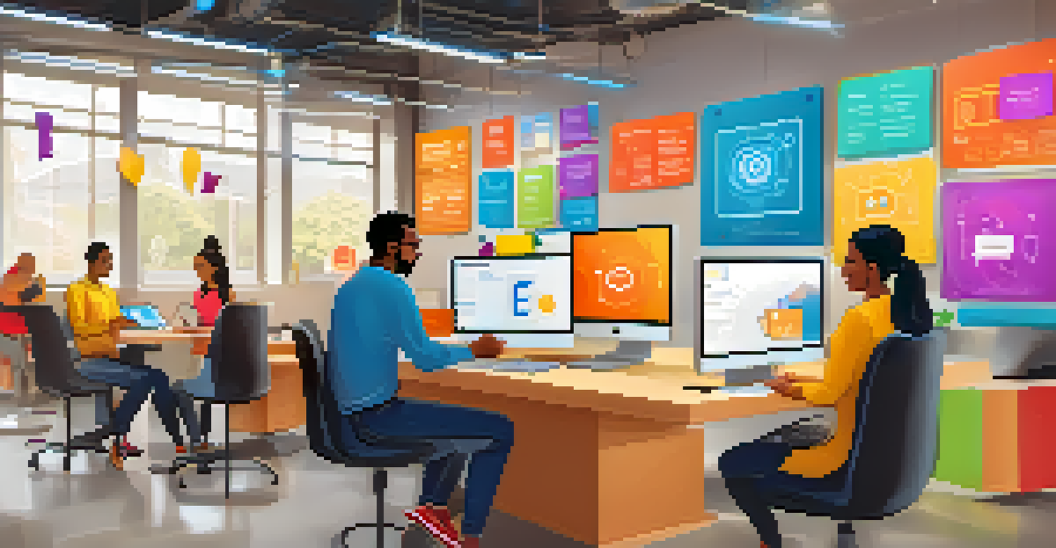 A customer service representative using a tablet with a chatbot, in a bright open workspace with colleagues.