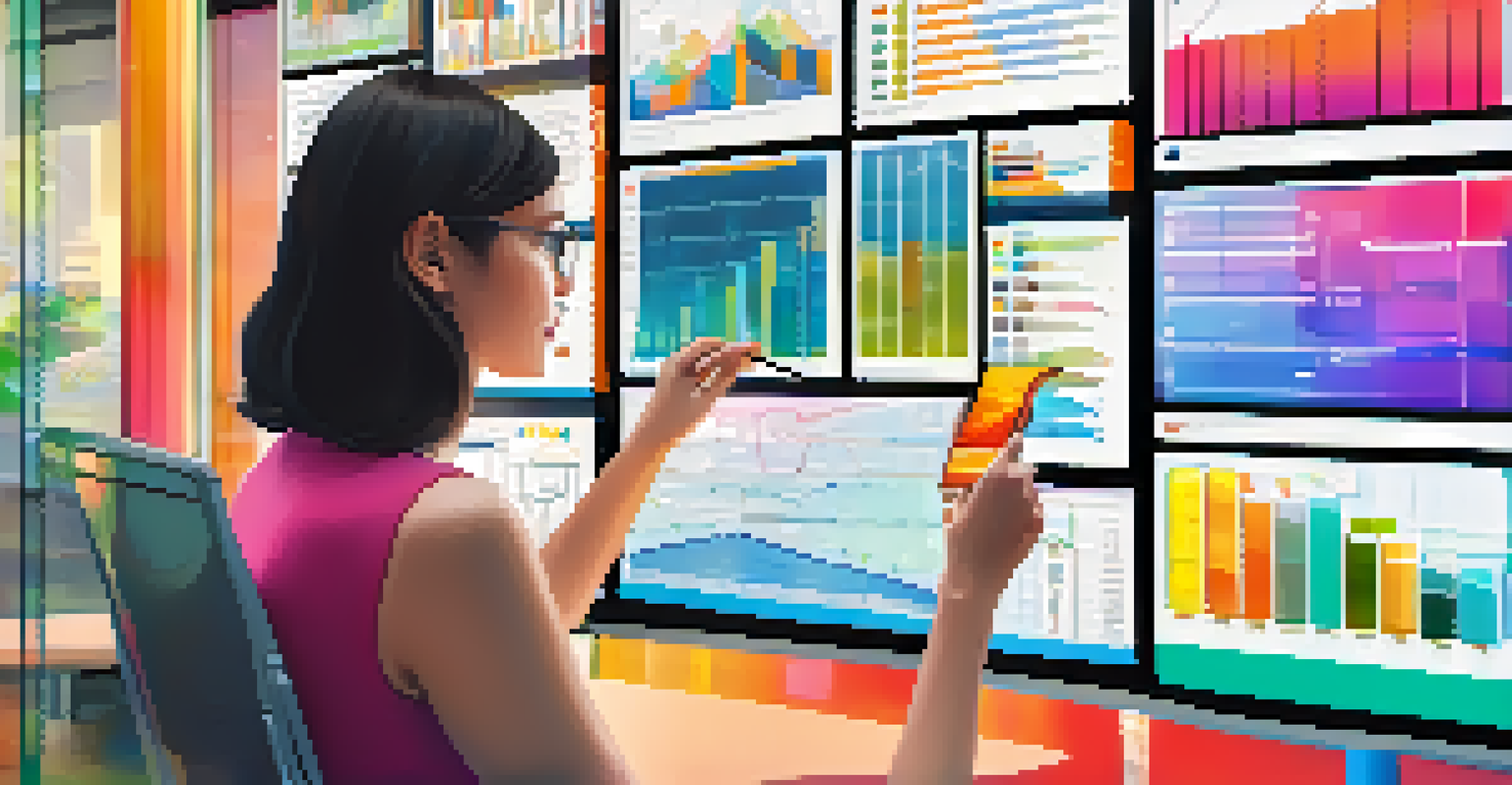 A young woman interacting with a touchscreen display filled with colorful data visualizations in a futuristic office.