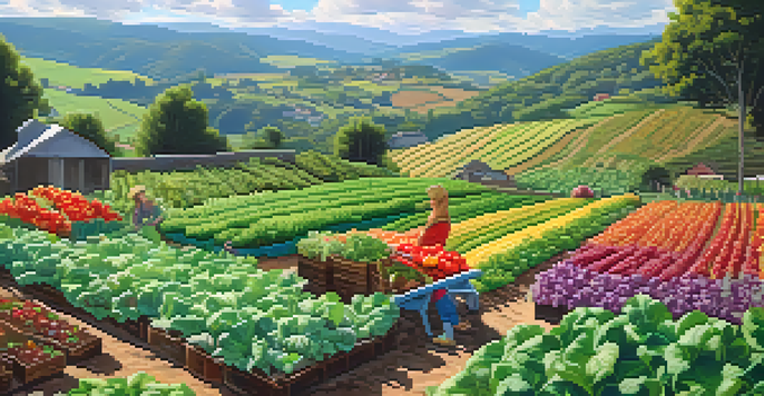 A woman farmer in a bright organic vegetable garden, surrounded by colorful crops and rolling hills under a clear blue sky.