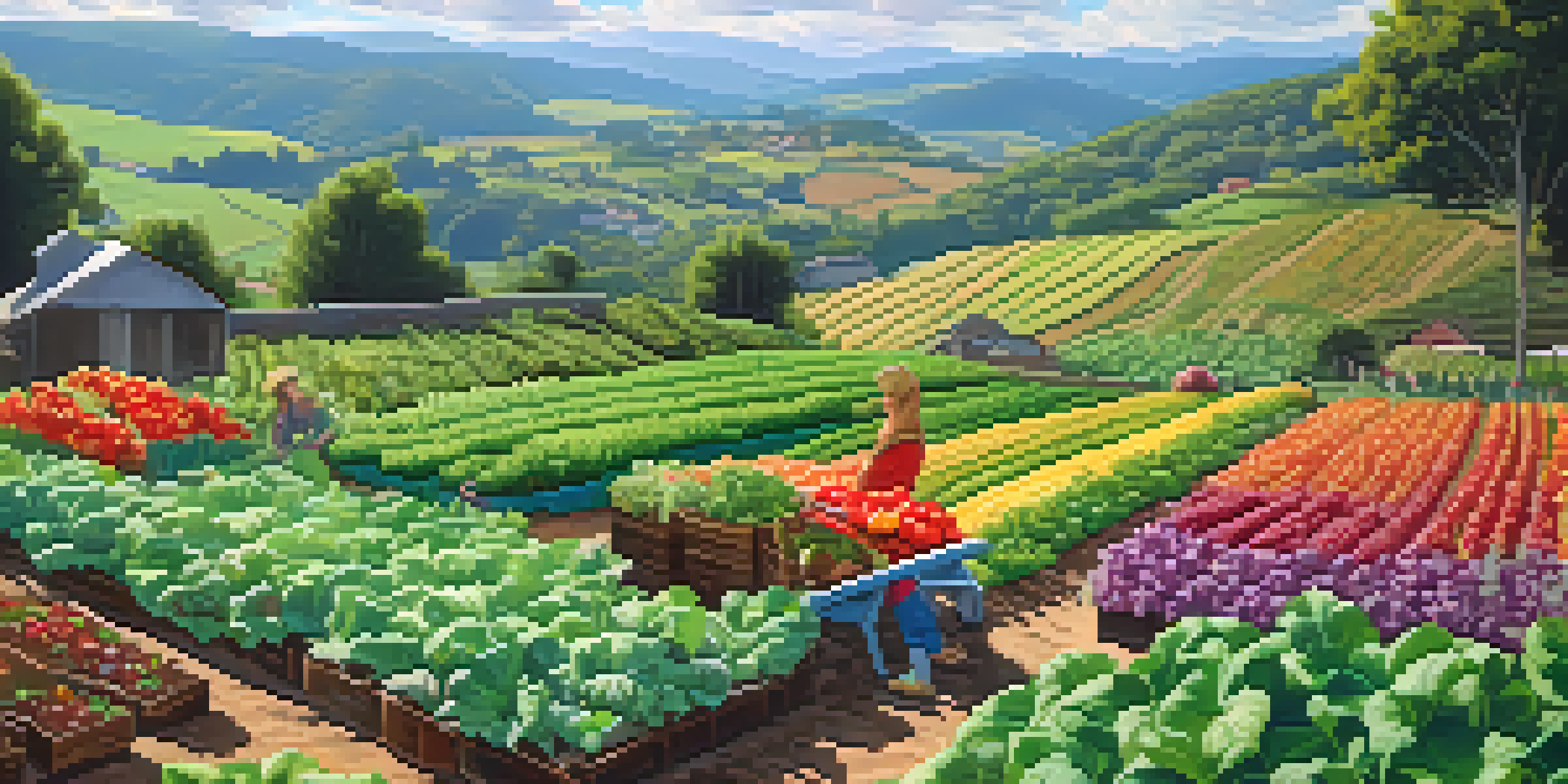 A woman farmer in a bright organic vegetable garden, surrounded by colorful crops and rolling hills under a clear blue sky.