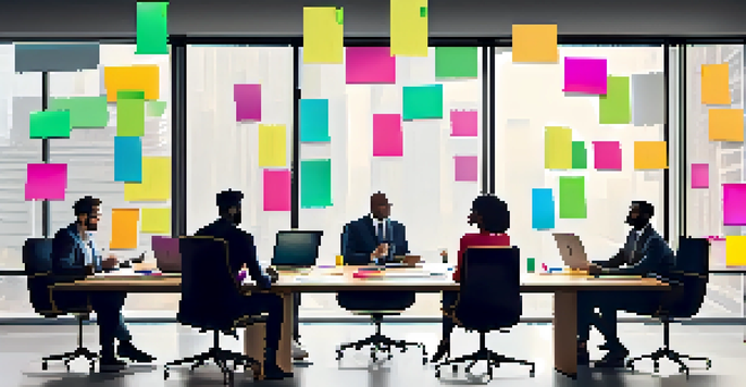 A diverse team of professionals collaborating around a conference table, sharing ideas with sticky notes and digital devices in a bright room.