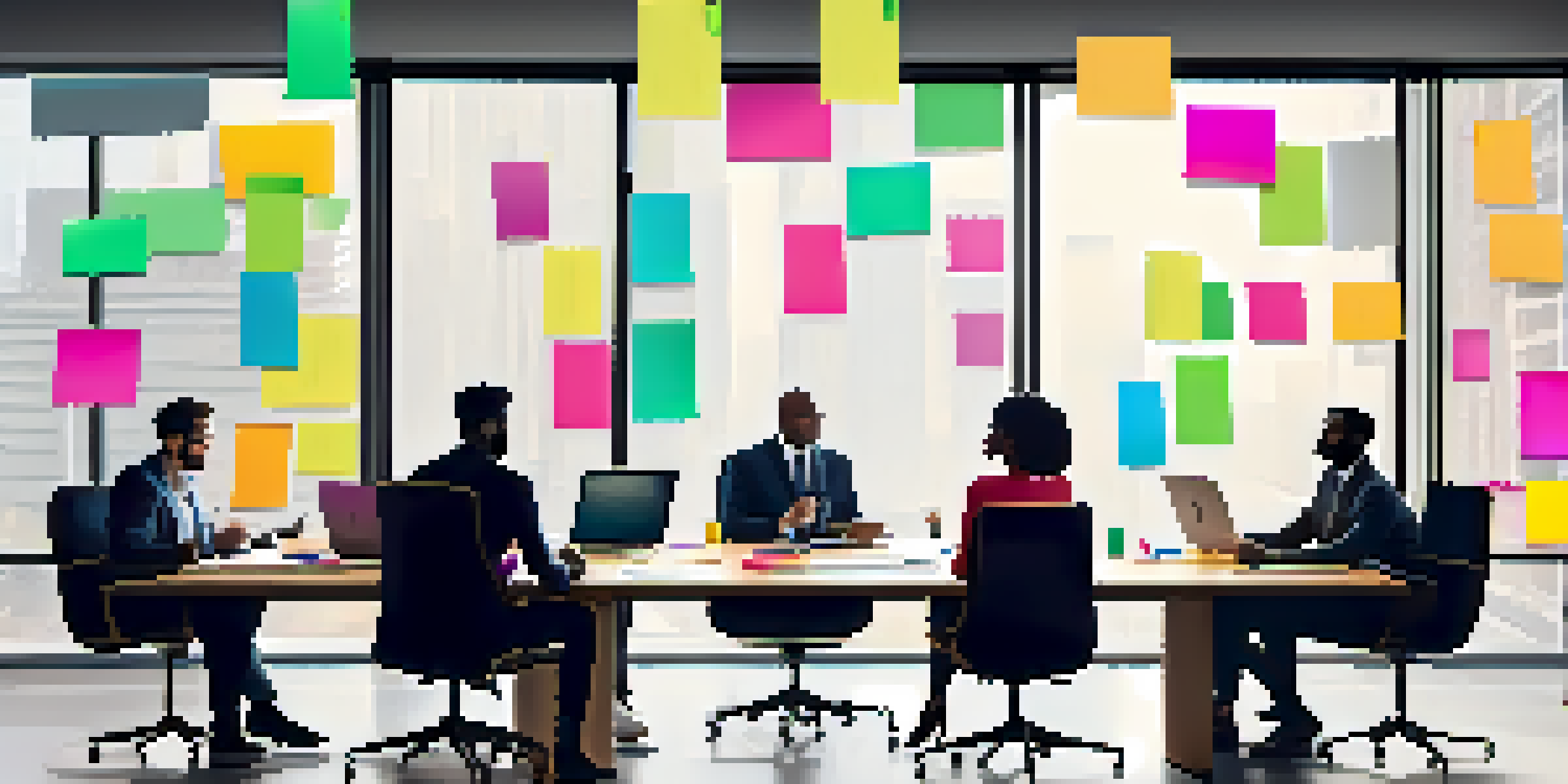 A diverse team of professionals collaborating around a conference table, sharing ideas with sticky notes and digital devices in a bright room.