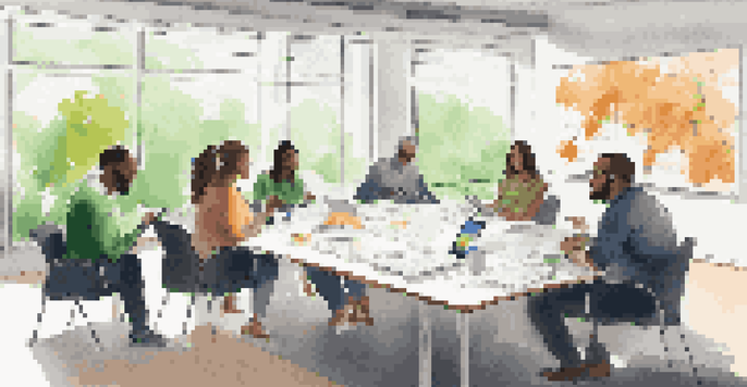 A diverse group of stakeholders collaborating in a bright meeting room, discussing ideas with documents and digital devices on the table.