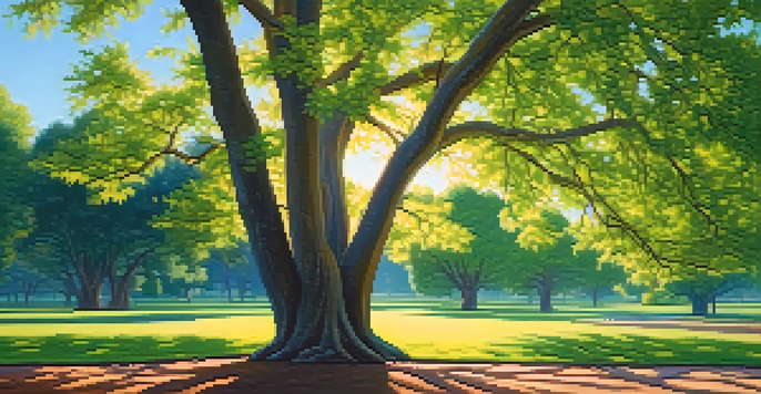 A lush green tree in a sunny park representing long-term financial growth, with a clear blue sky and sunlight filtering through the branches.