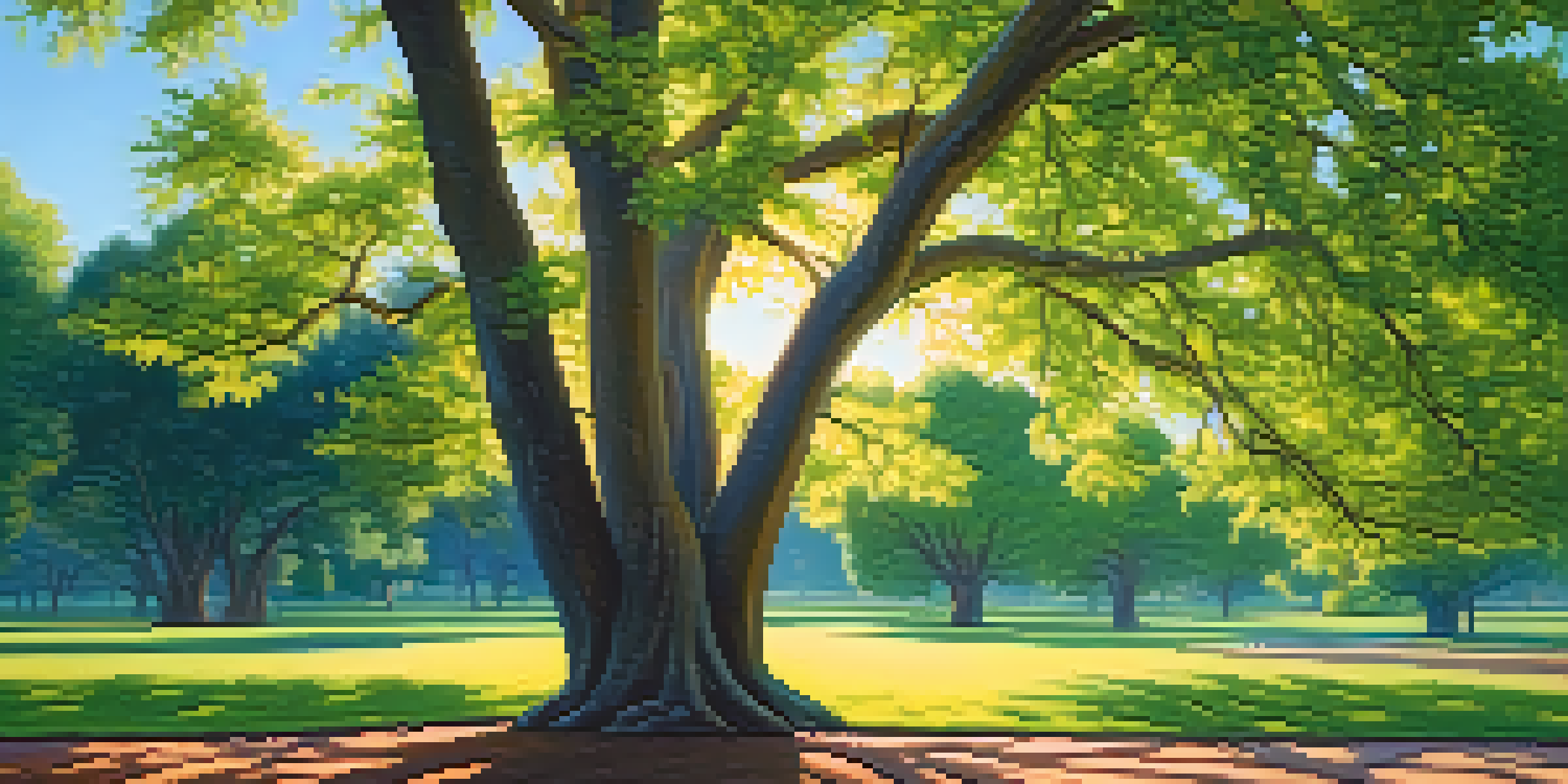 A lush green tree in a sunny park representing long-term financial growth, with a clear blue sky and sunlight filtering through the branches.