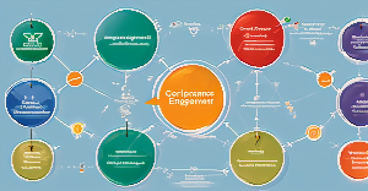 A graphic representation of corporate governance components with interconnected circles and arrows.
