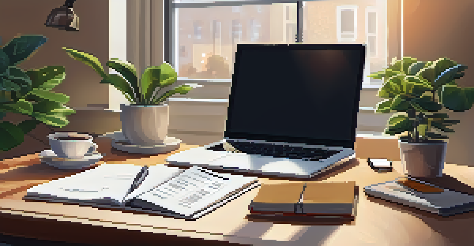 A workspace with a laptop showing a franchise agreement, a notepad, a cup of coffee, and a potted plant, bathed in warm light.