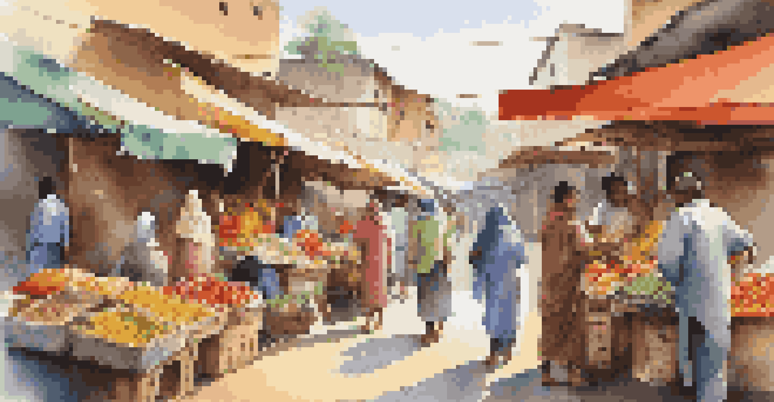 A lively local market showcasing fresh produce and handicrafts, with diverse people interacting and shopping.
