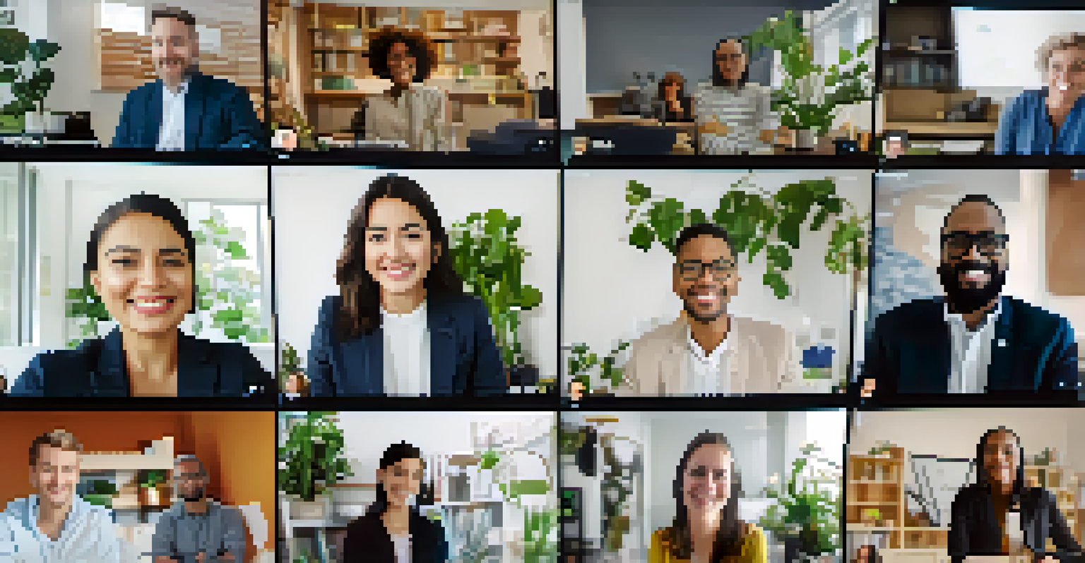 A diverse group of professionals engaged in a virtual team meeting on a video call.