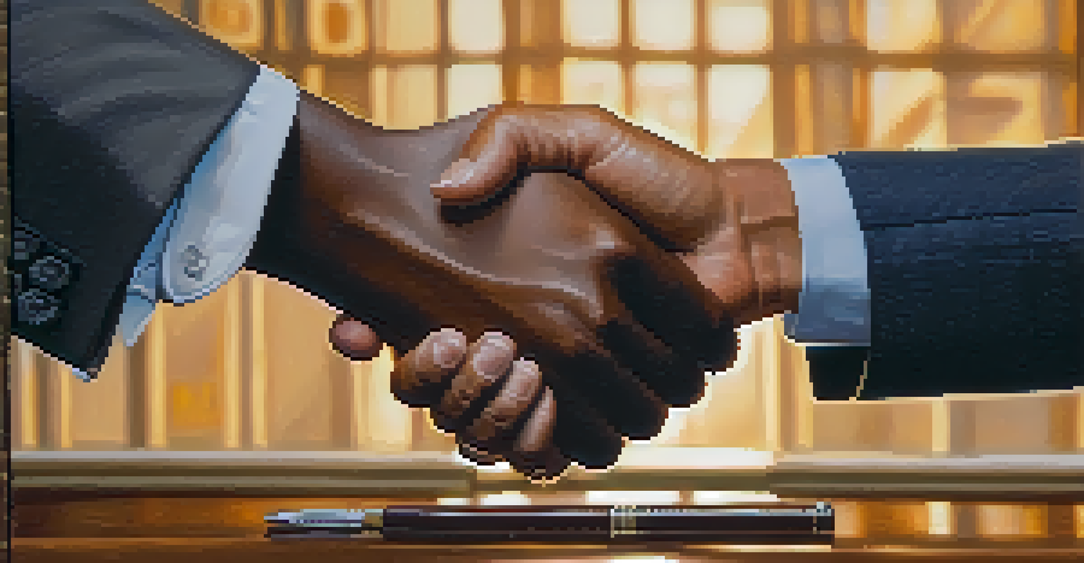A close-up of a firm handshake between two individuals, symbolizing trust and agreement in a professional setting.