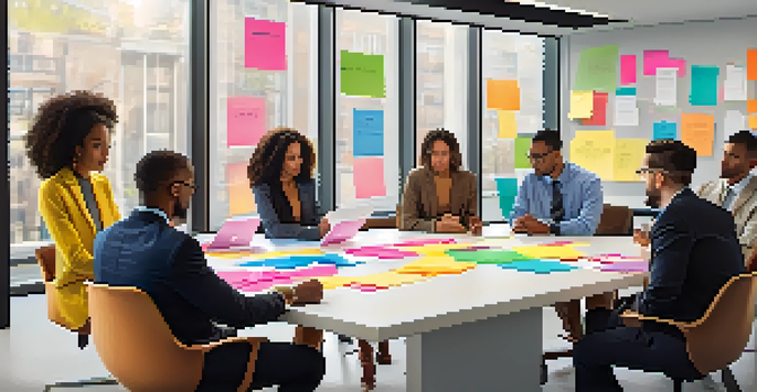 A diverse group of six professionals collaborating in a bright conference room, showcasing creativity and teamwork.