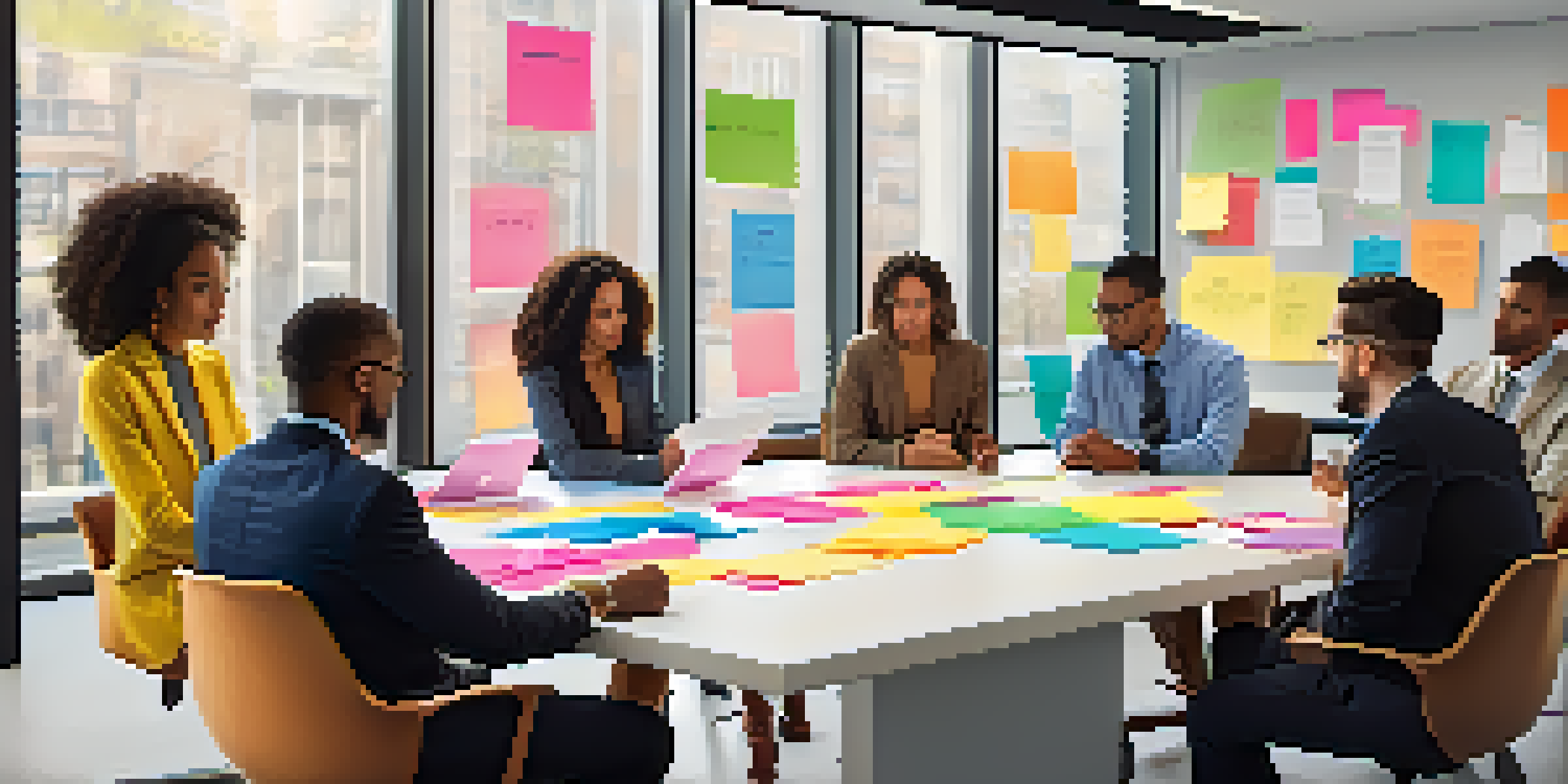 A diverse group of six professionals collaborating in a bright conference room, showcasing creativity and teamwork.