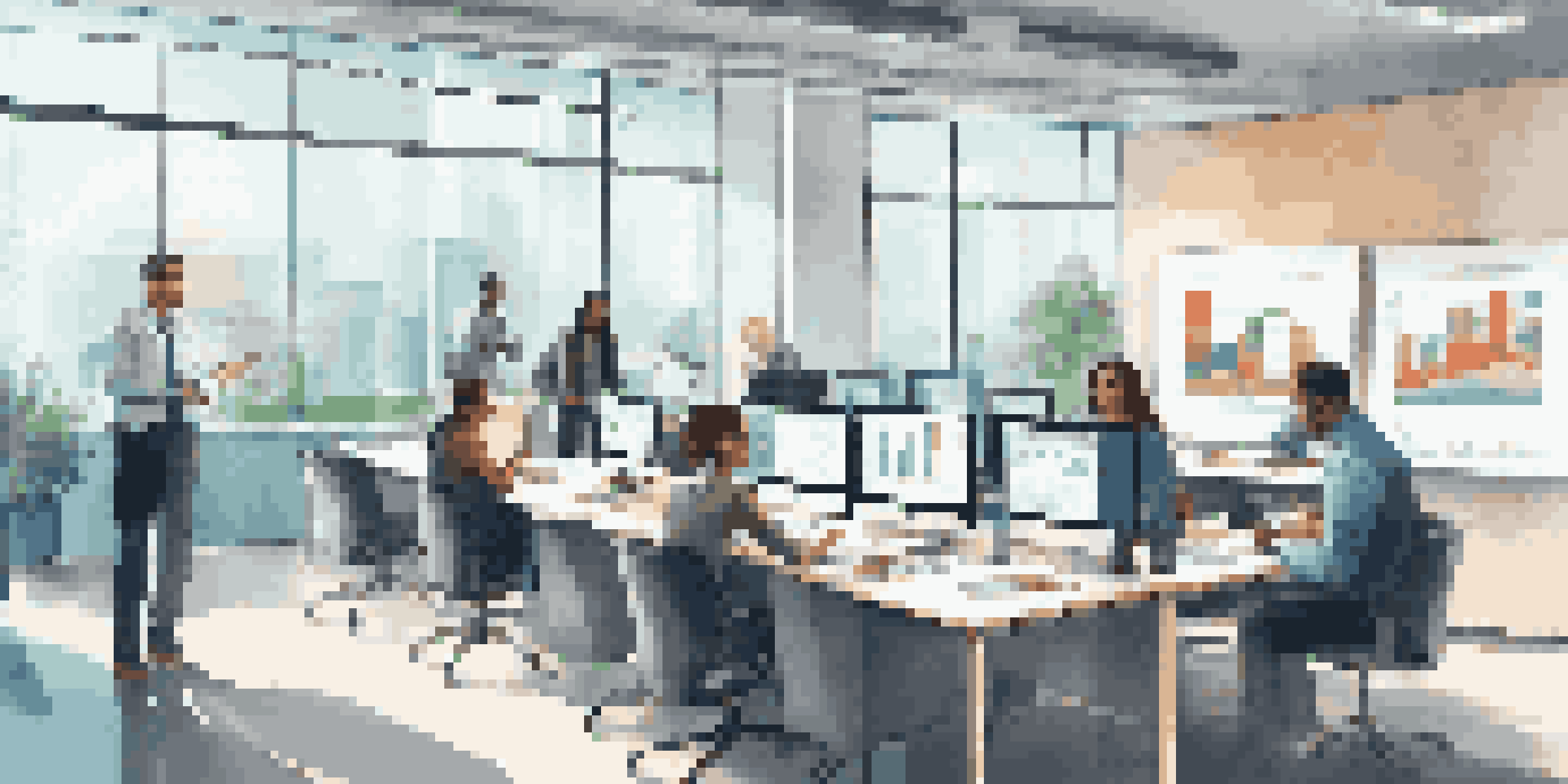 A diverse group of employees in a modern office setting, participating in a Business Intelligence training session with charts on a screen.