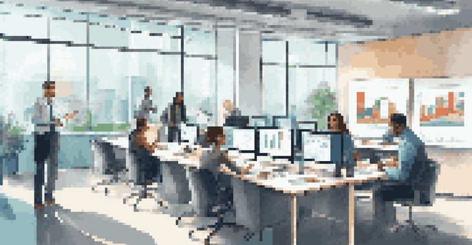 A diverse group of employees in a modern office setting, participating in a Business Intelligence training session with charts on a screen.