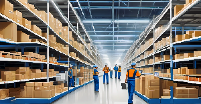 A busy e-commerce warehouse with workers organizing products and tracking inventory.