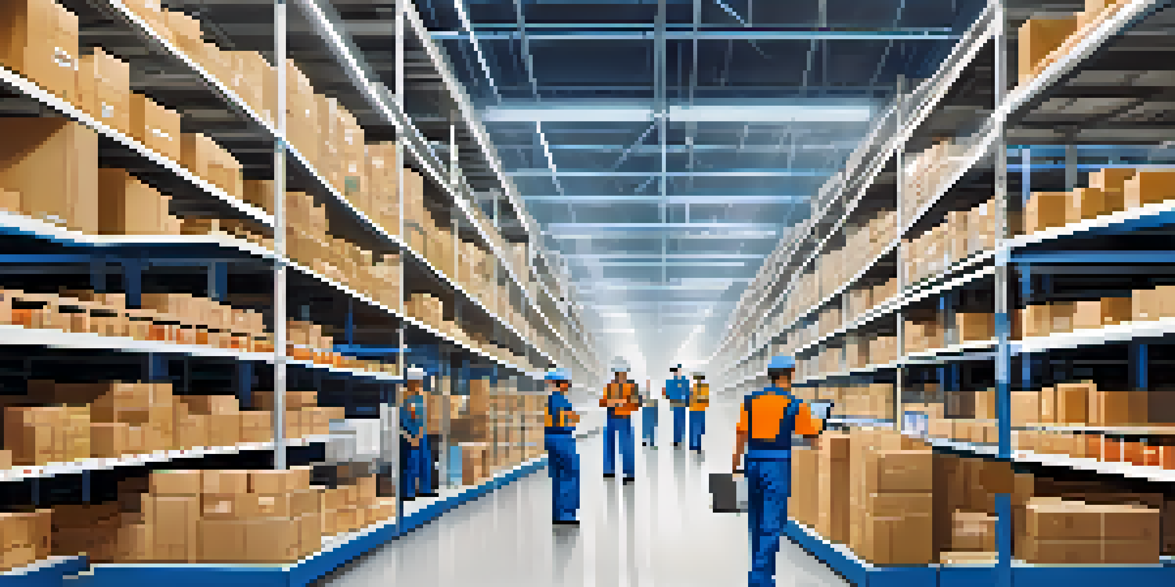 A busy e-commerce warehouse with workers organizing products and tracking inventory.