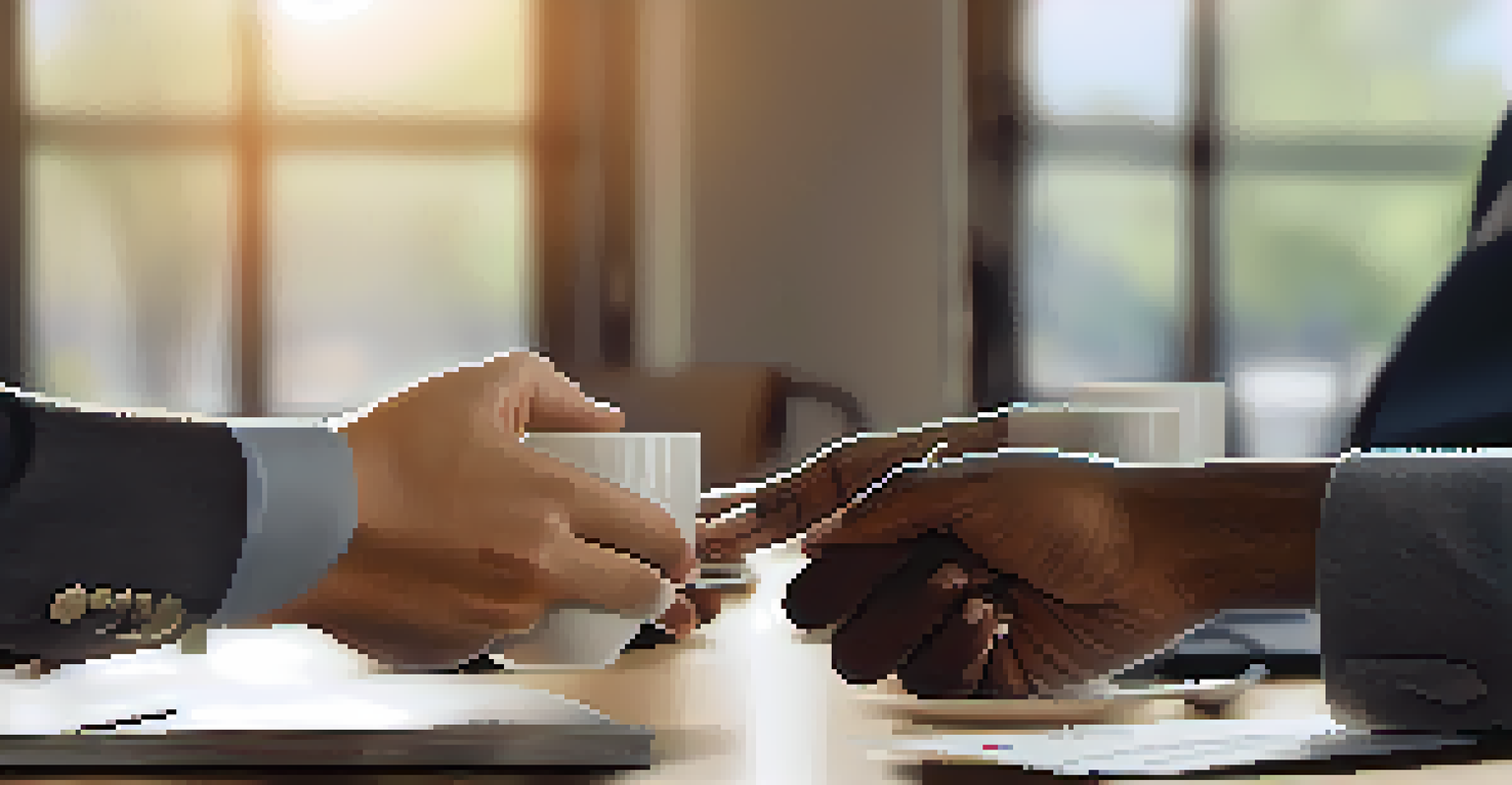 A close-up of two hands shaking over a table with a laptop and coffee cups, symbolizing a new business partnership.