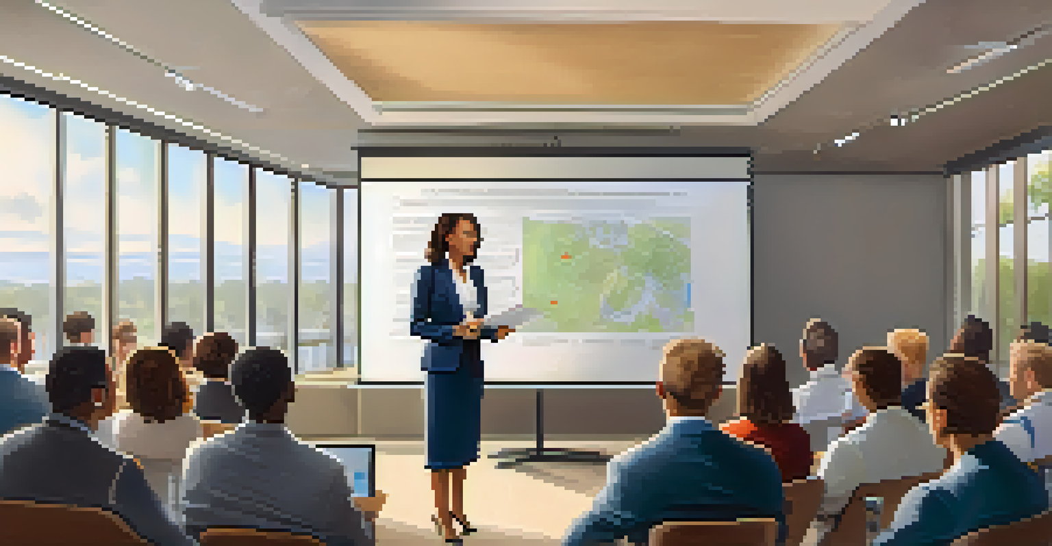 A professional woman presenting at a networking conference, with an engaged audience in a well-lit room.