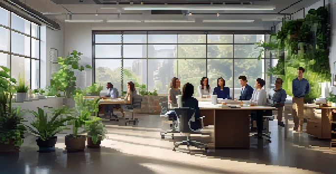 A diverse group of team members collaborating in a bright office space, surrounded by plants and motivational posters.