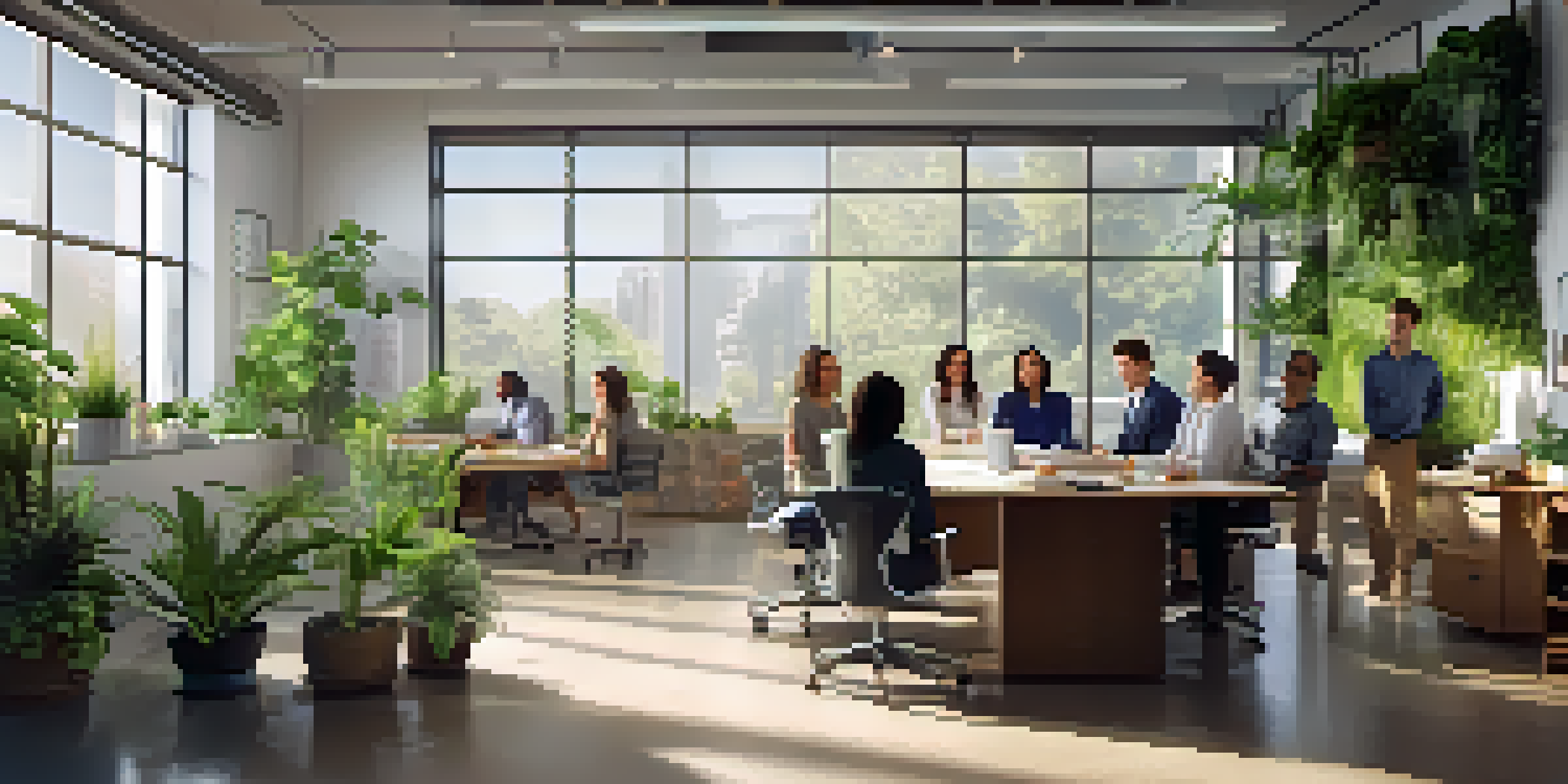 A diverse group of team members collaborating in a bright office space, surrounded by plants and motivational posters.