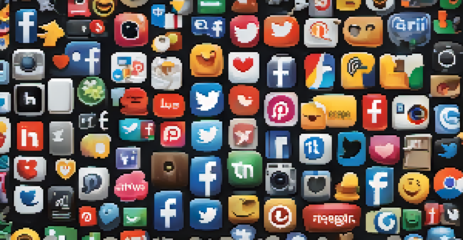 A collection of social media icons glowing and displaying snippets of positive reviews against a dark background.