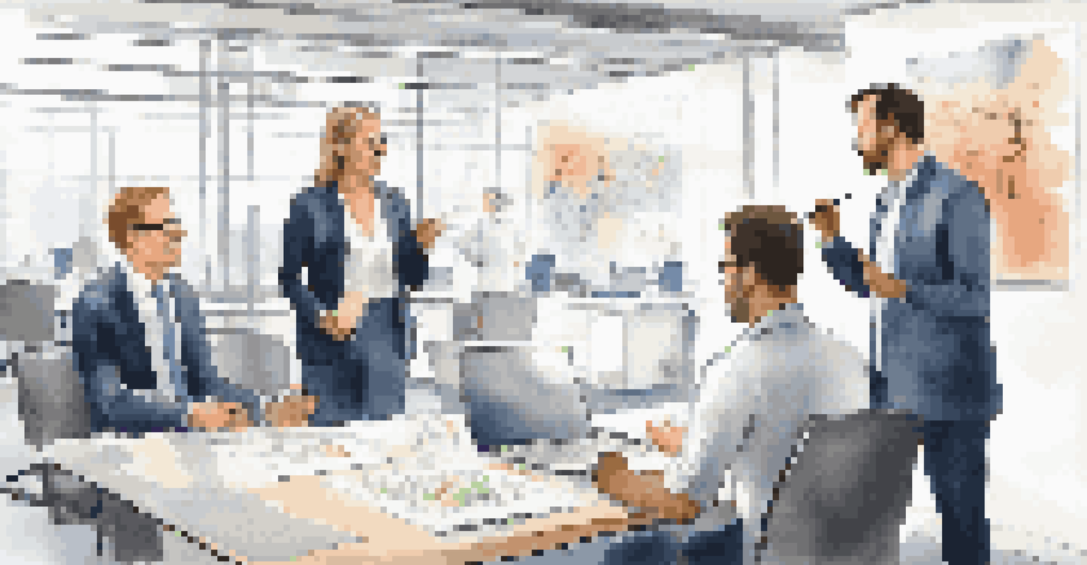 A mentor training a young successor in a modern office, with a large screen displaying business strategies and a collaborative atmosphere.