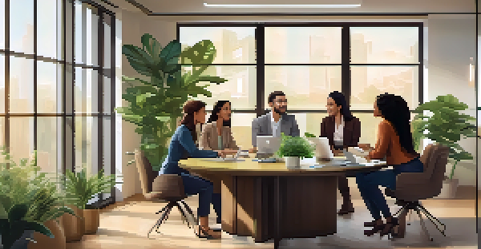 A diverse team in an office discussing ideas around a table with natural light coming in through a large window.