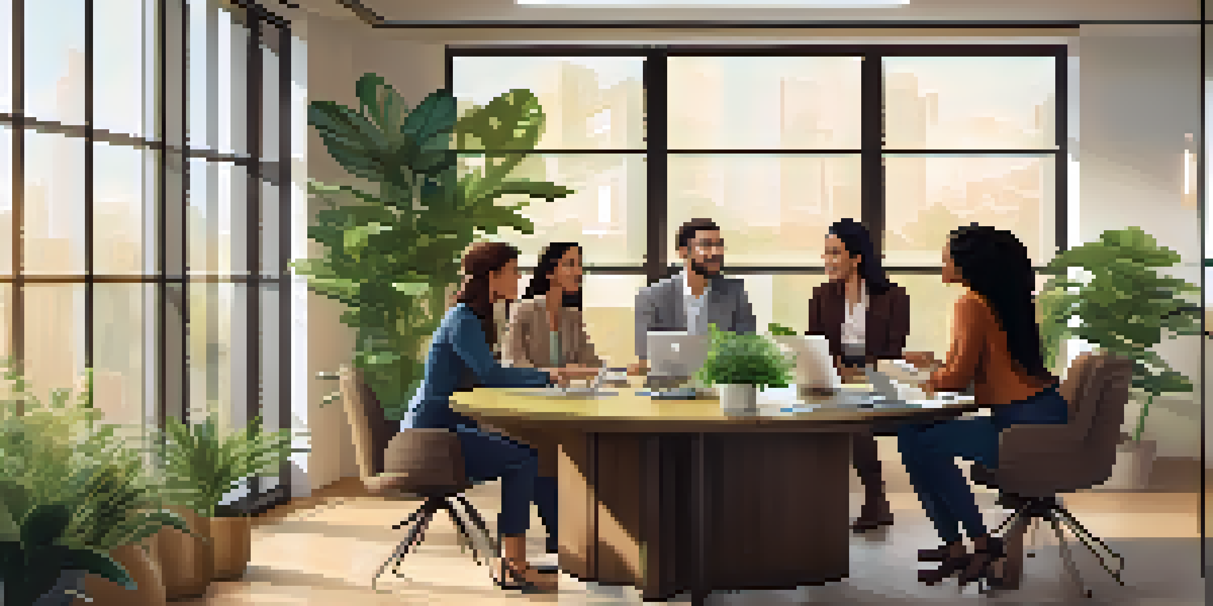 A diverse team in an office discussing ideas around a table with natural light coming in through a large window.