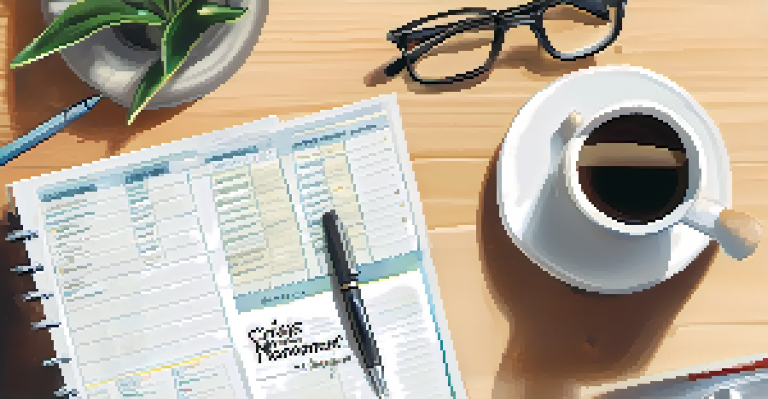 An open planner on a desk with notes, a laptop, and a coffee cup, indicating a scheduled review for a crisis management plan.