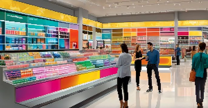 A busy retail store with customers shopping and digital screens displaying data analytics.