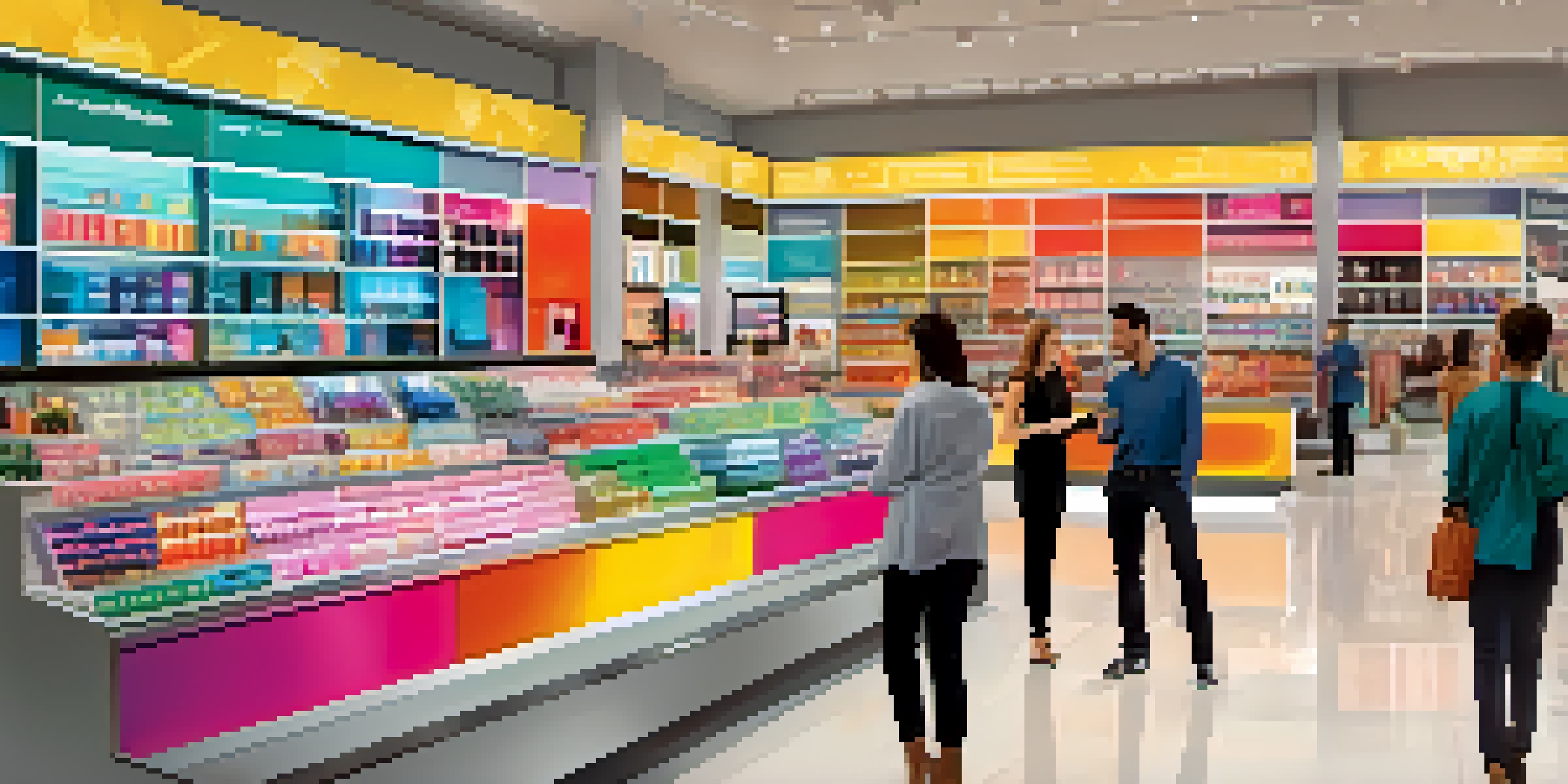 A busy retail store with customers shopping and digital screens displaying data analytics.