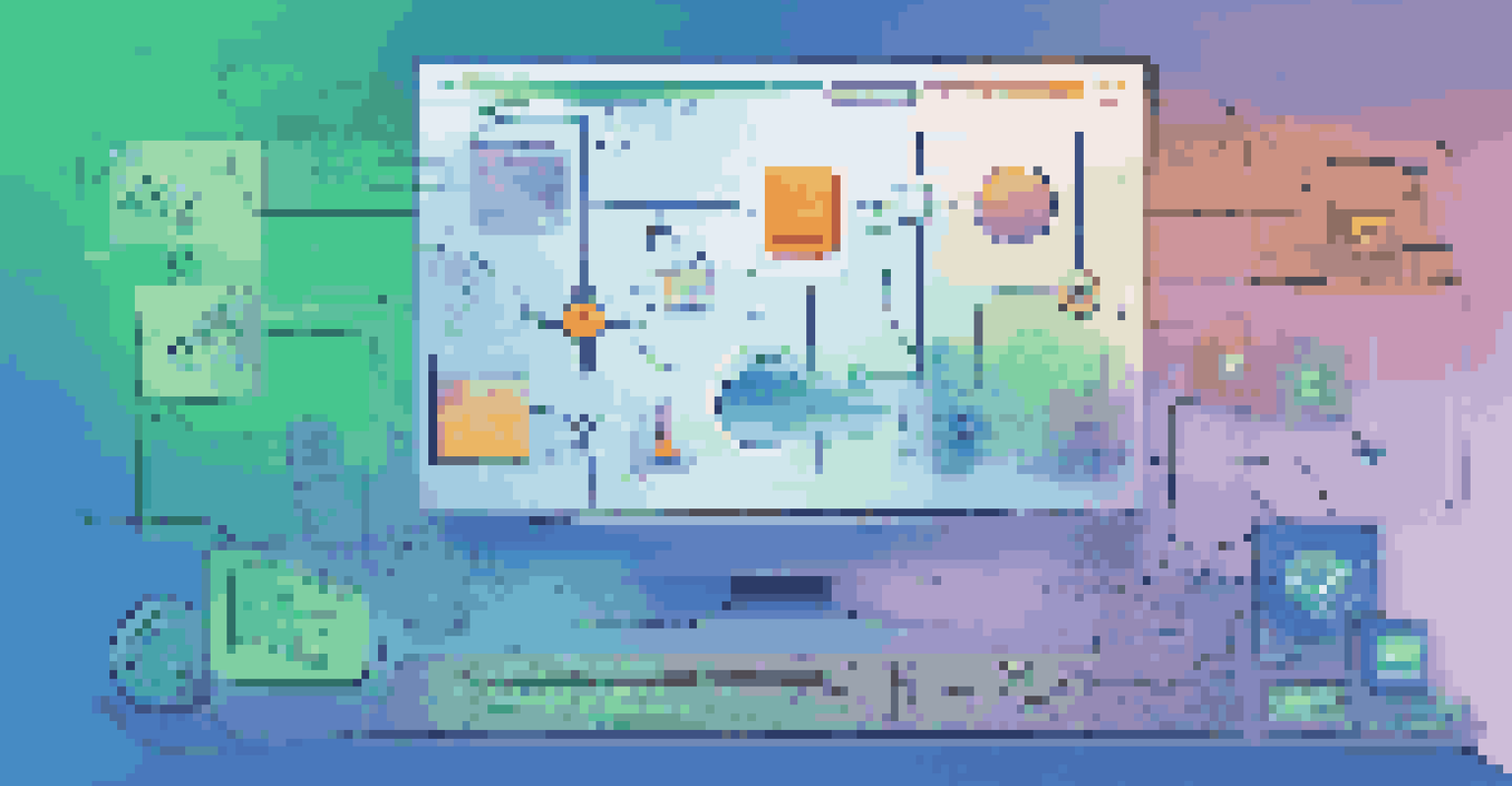 An abstract digital interface illustrating low-code development with colorful elements and icons.