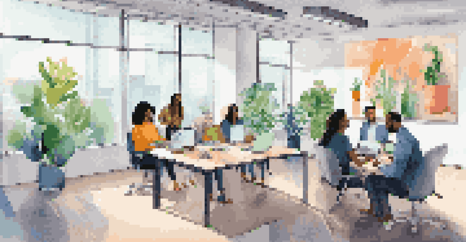 Diverse colleagues in a modern office participating in a virtual meeting on laptops, surrounded by plants and colorful decor.