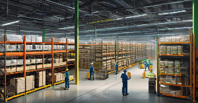 A busy warehouse with IoT sensors and organized shelves, highlighting technology and teamwork.