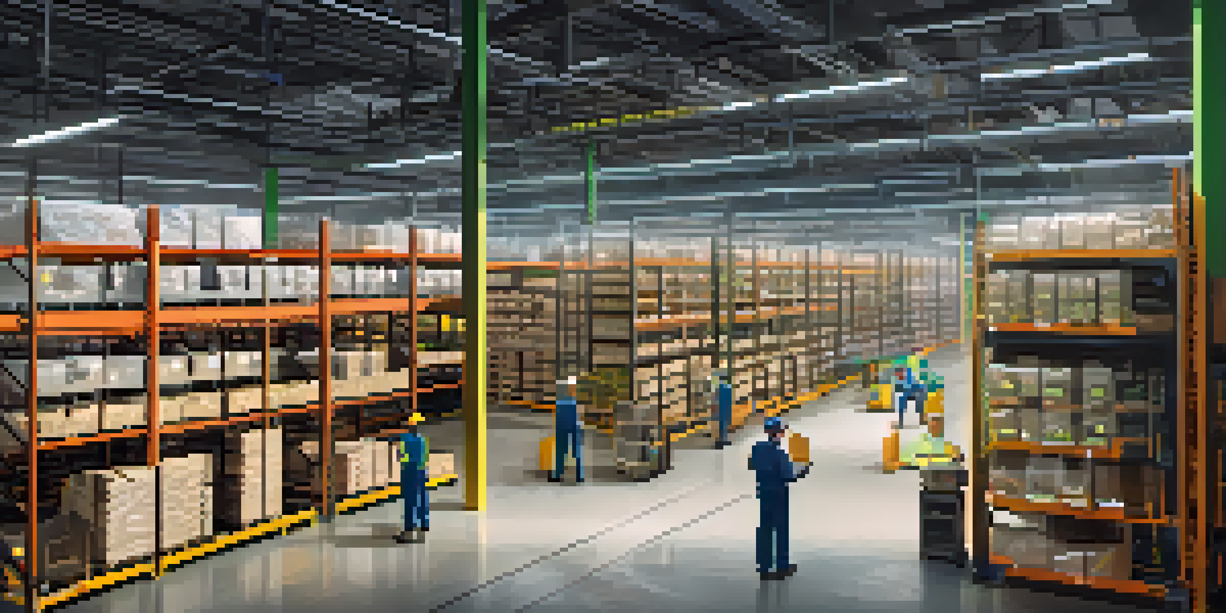 A busy warehouse with IoT sensors and organized shelves, highlighting technology and teamwork.
