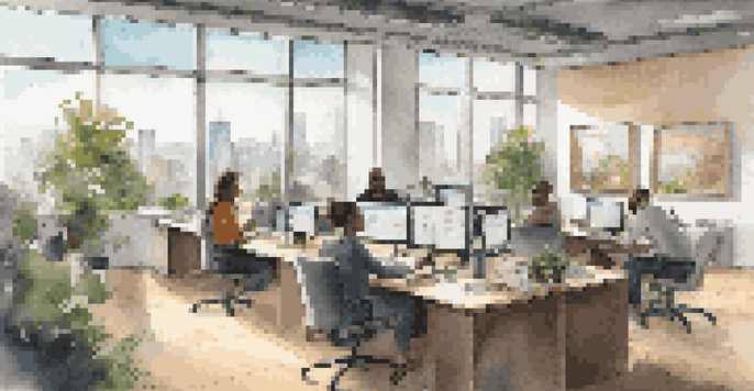 A modern office with diverse employees working in a hybrid environment, featuring collaboration tools and natural light.