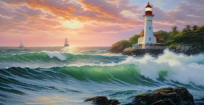 A scenic view of a lighthouse at sunrise, with calm greenery and stormy sea waves.