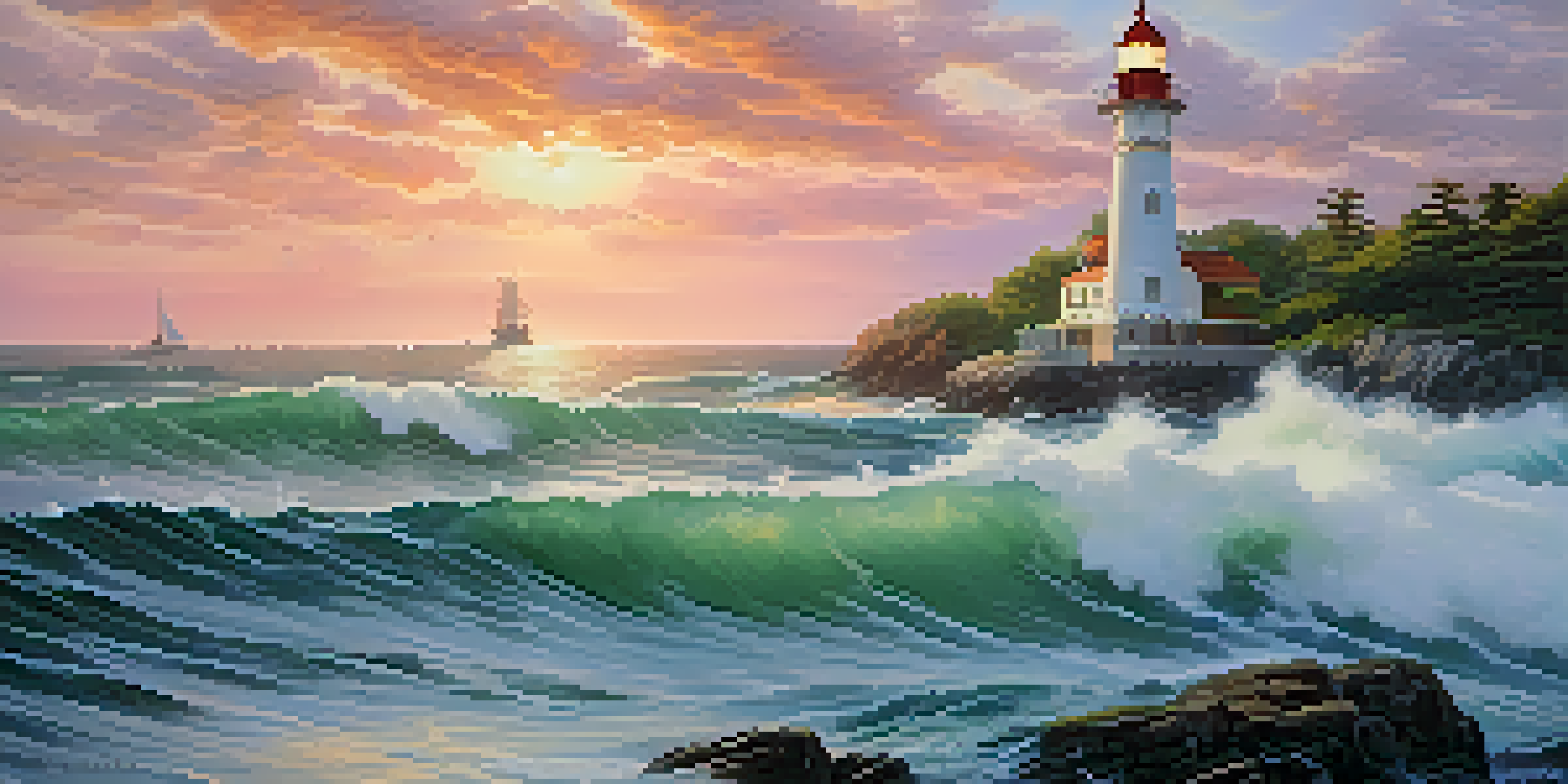 A scenic view of a lighthouse at sunrise, with calm greenery and stormy sea waves.