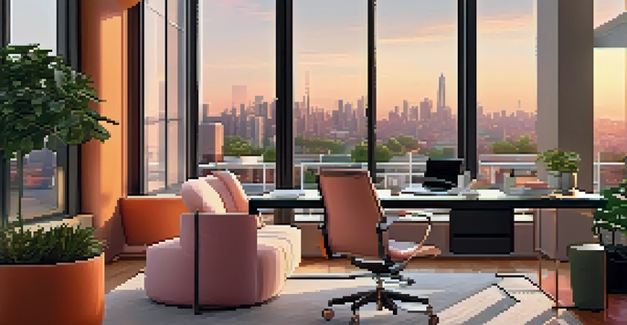 A modern office with a large glass window showing a city at sunset, featuring sleek furniture and green plants.
