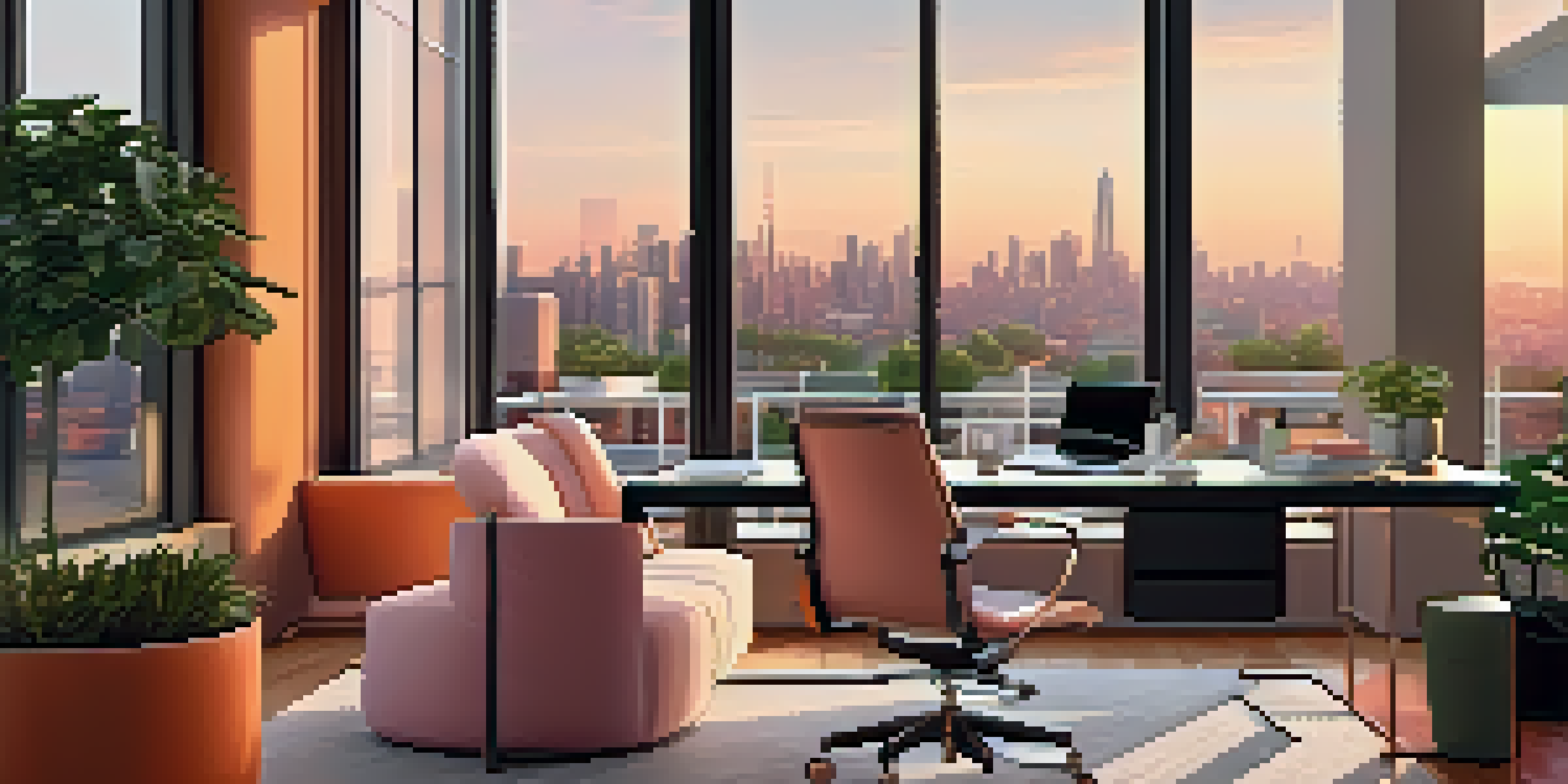 A modern office with a large glass window showing a city at sunset, featuring sleek furniture and green plants.