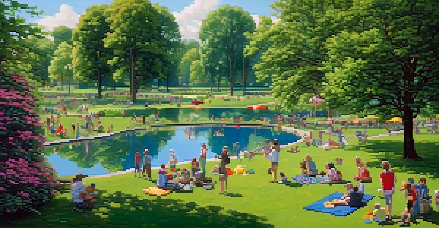 A sunny park filled with families enjoying picnics and children playing, featuring a calm pond and colorful flowers, viewed from above.