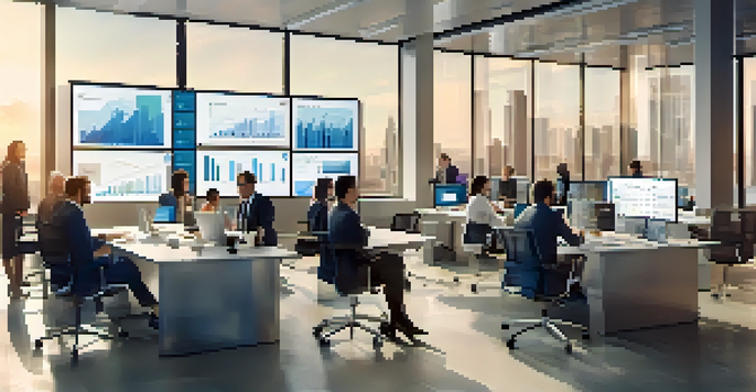 A diverse group of professionals in a modern office discussing data governance strategies around a table with laptops and digital screens showing data analytics.