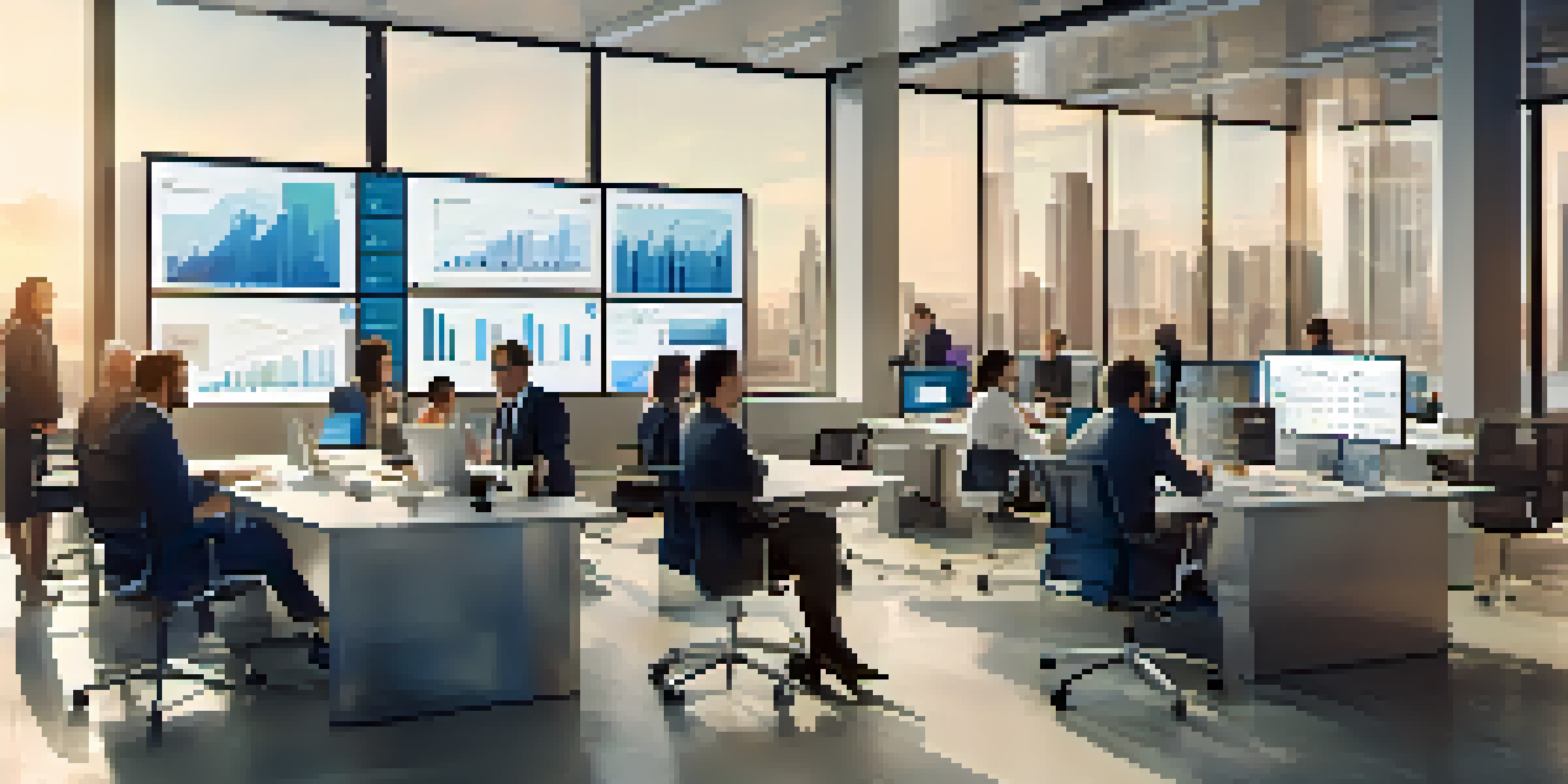 A diverse group of professionals in a modern office discussing data governance strategies around a table with laptops and digital screens showing data analytics.