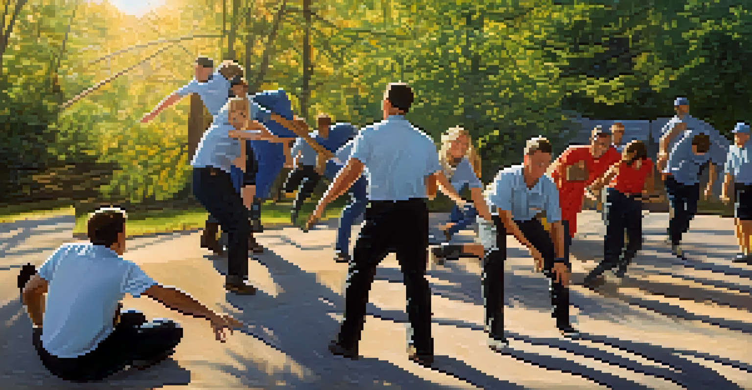 Team members participating in a trust fall exercise outdoors, demonstrating trust and teamwork.