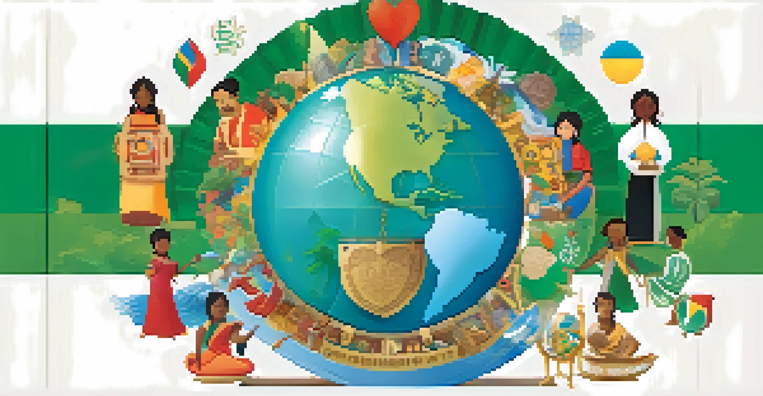 A globe surrounded by cultural symbols and ethical icons representing global business ethics.