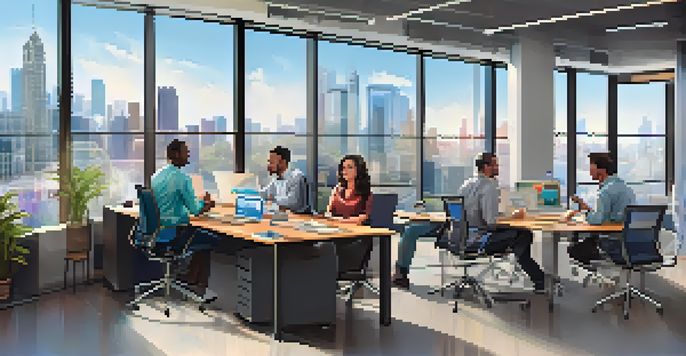 A diverse group of employees in a bright office meeting room discussing business continuity planning with digital devices and a whiteboard.