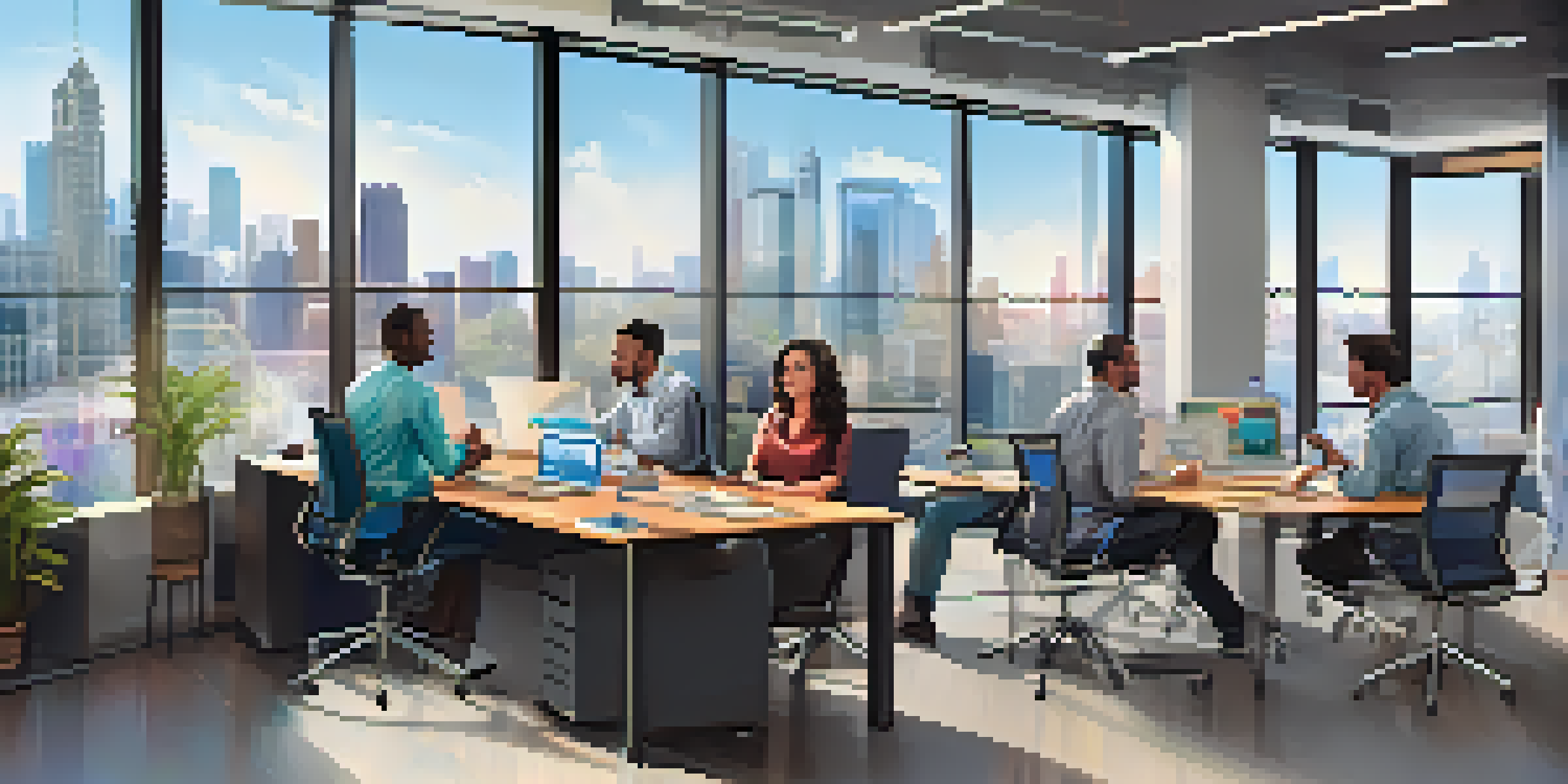 A diverse group of employees in a bright office meeting room discussing business continuity planning with digital devices and a whiteboard.